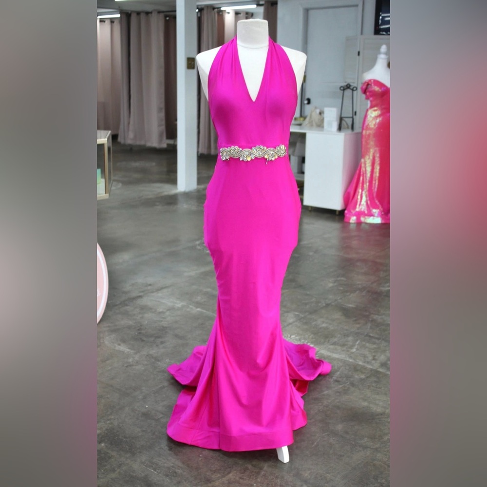 Elegant Fuchsia Prom Dress with Gold Detailing